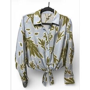 Joie Button Front Tie Waist Blouse Leaf Print Blue Green Size Small